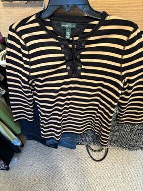 Lauren Ralph Lauren Black and camel Striped Lace-Up Long Sleeve Top